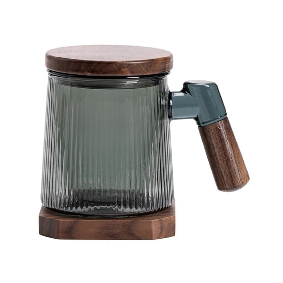 Gray Vertical Striped Glass Tea Cup with Infuser, Borosilicate Glass Tea Mug with Walnut Lid, Handle and Coaster