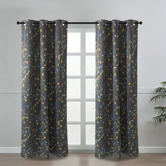 JJCOITR Gray Vintage Curtains Drapes Grommet Luxury Whimsical Floral Lemon Hummingbird Mid Century Colorful Blackout Drapes for Living Room Bedroom,1 Panels, 52"x84"