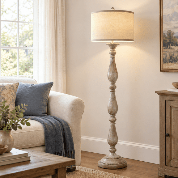 Gray Vintage Farmhouse Floor Lamp With Linen Shade For Living Room Bedroom Corner Decor