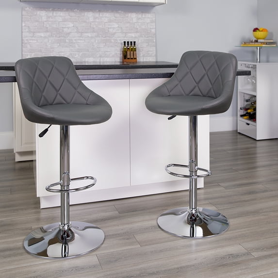 Gray Vinyl Bucket Seat Adjustable Height Barstool, Chrome Base