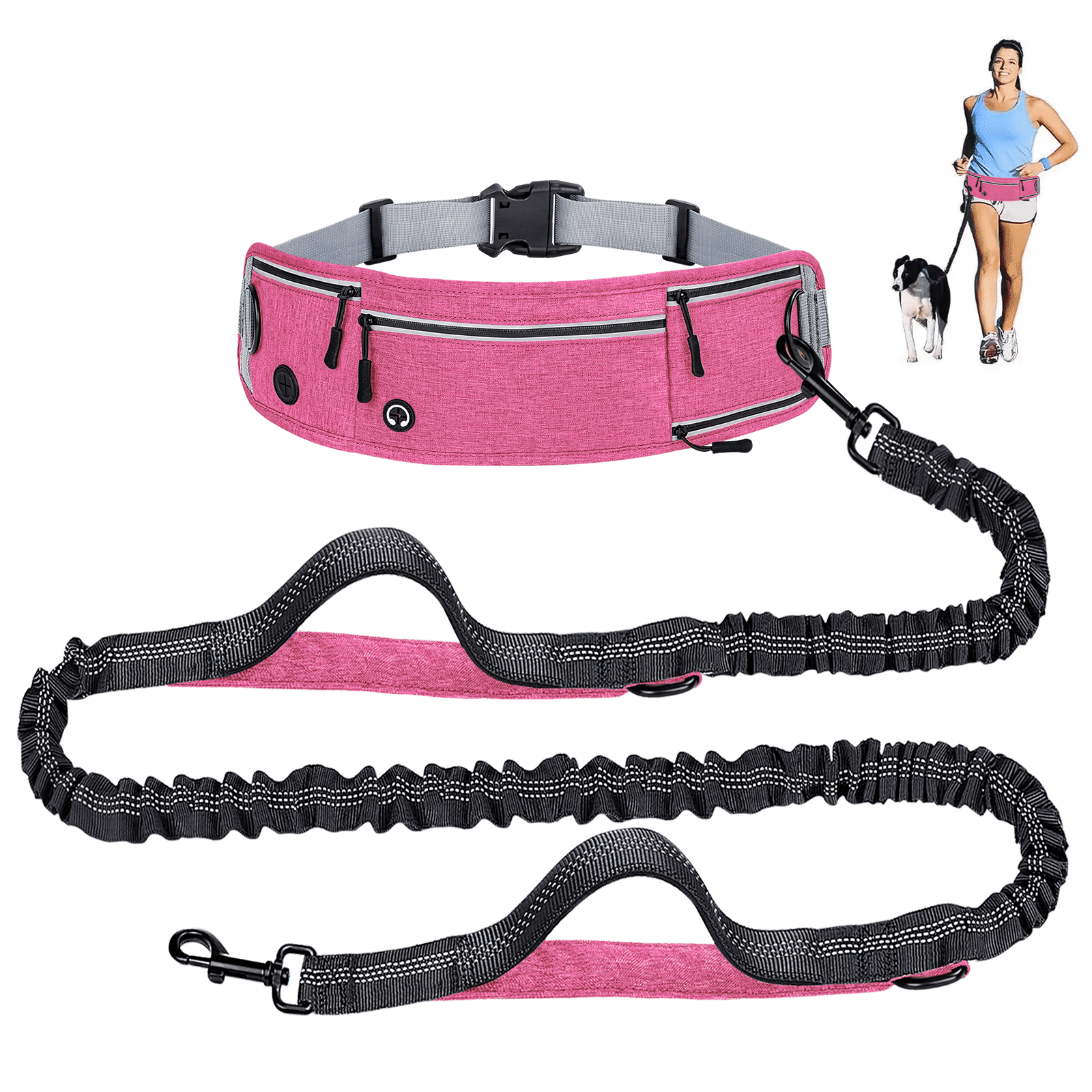 Pink Waist Dog Leash Hands Free Dog Leash, Waist Running Leash with Zipper, Walking Pouch for Dog Walking, Bungee Retractable Running for Medium to Large Dogs