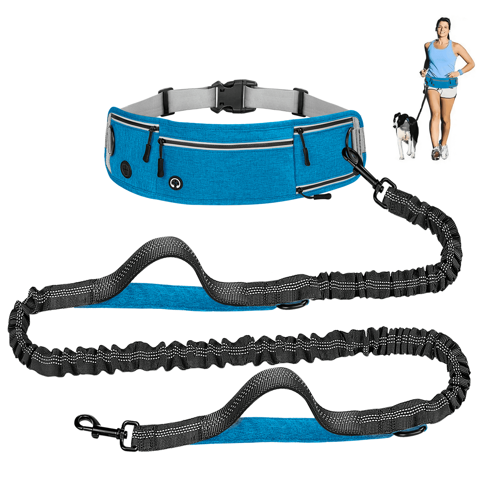 Blue Waist Dog Leash Hands Free Dog Leash, Waist Running Leash with Zipper, Walking Pouch for Dog Walking, Bungee Retractable Running for Medium to Large Dogs