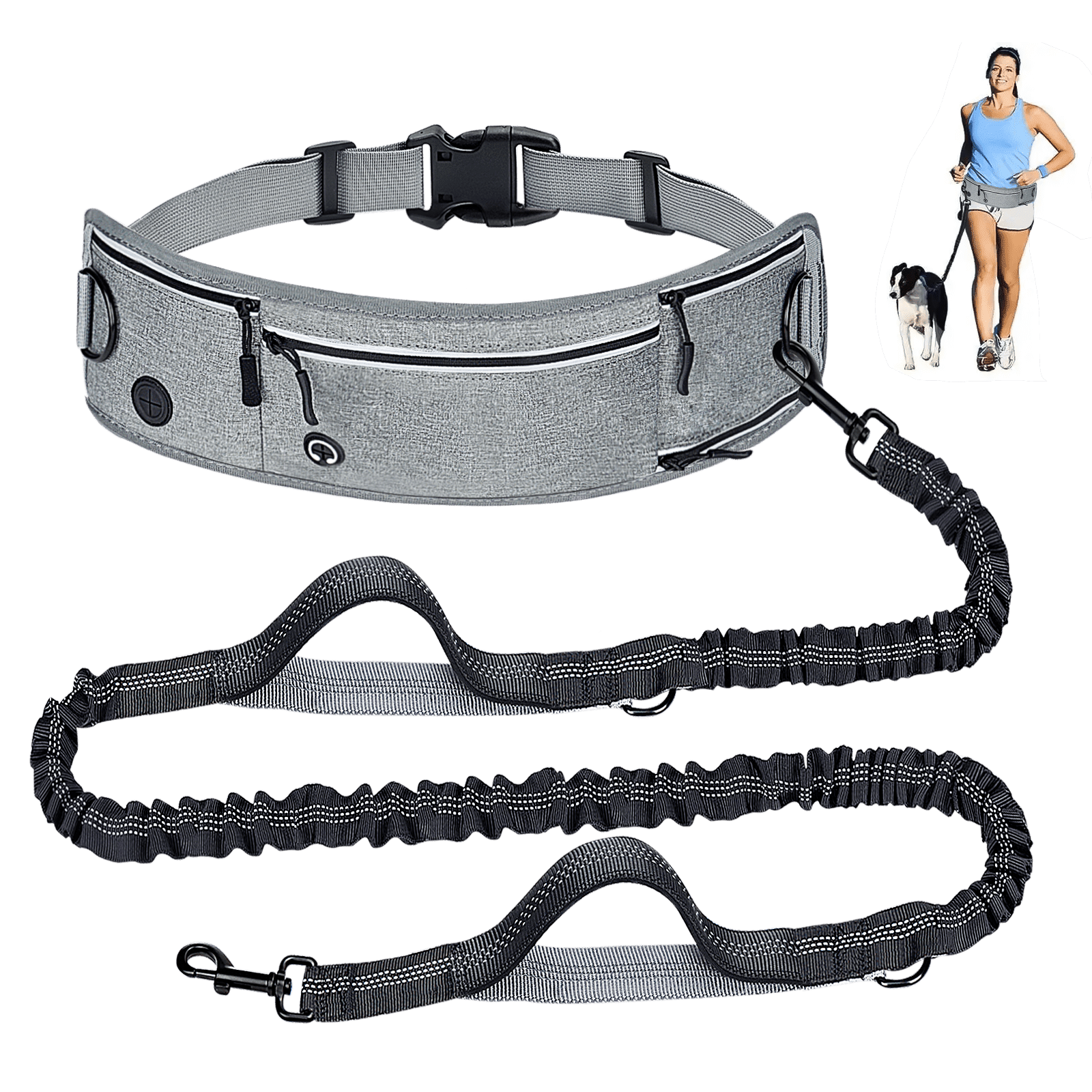 Gray Waist Dog Leash Hands Free Dog Leash, Waist Running Leash with Zipper, Walking Pouch for Dog Walking, Bungee Retractable Running for Medium to Large Dogs