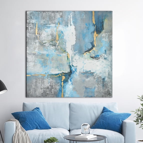 Gray Wall Decor, Abstract Printed Canvas, Blue Art, Old Plaster Effect, Old Plaster Poster, Rustic Artwork, Old Plaster Art Canvas, Canvas Wall Decor - Gold Framed