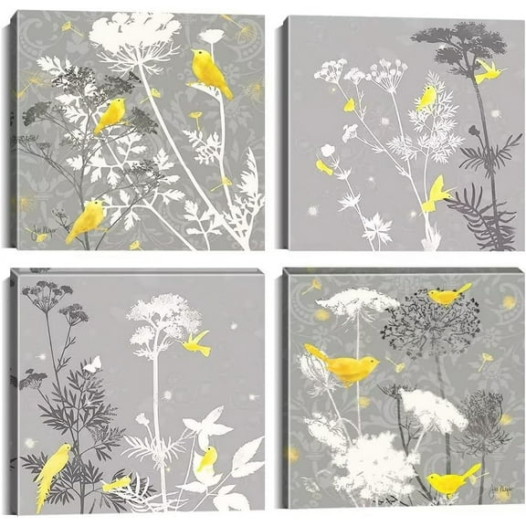 Gray Wall Decor for Bathroom Yellow Flowers Birds Abstract Print Canvas Home Decor Decals Pictures 4 Panels Poster for Bedroom Living Room Office Painting Yellow and Gray Grey Framed(16x16inchx4)