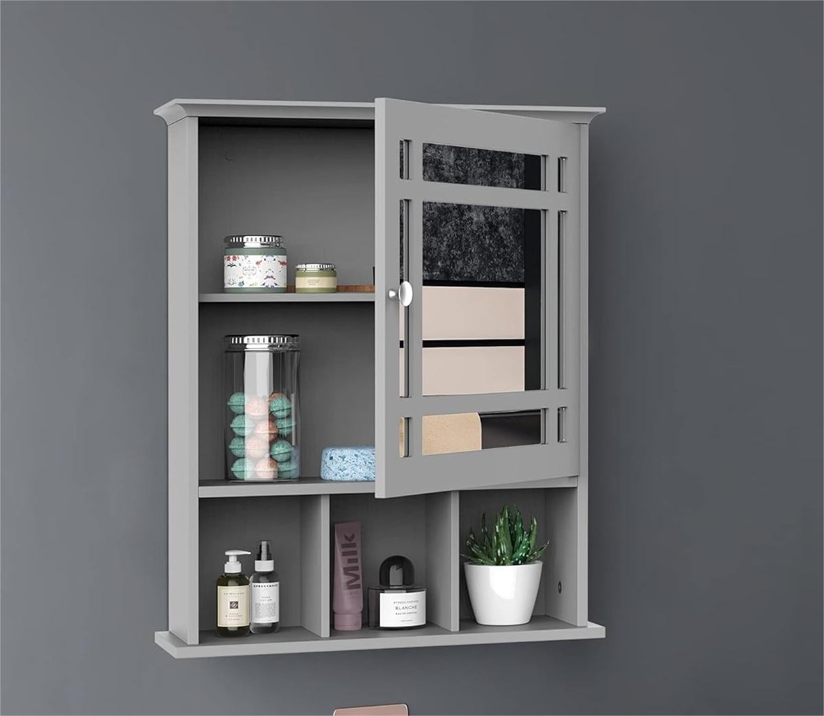 Gray Wall Mounted Bathroom Medicine Cabinet - Mirror Door with Storage ...