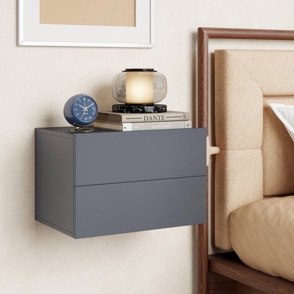 Gray Wall Mounted Floating Nightstand with 2 Storage Drawers, Wide Tabletop, Metal Slides