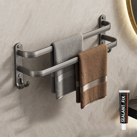 Gray Wall Mounted Towel Rack with Hooks, No Drill Adhesive Bathroom Towel Bar, 19.7 Inch Aluminum Alloy Hanging Rod for Towels and Robes