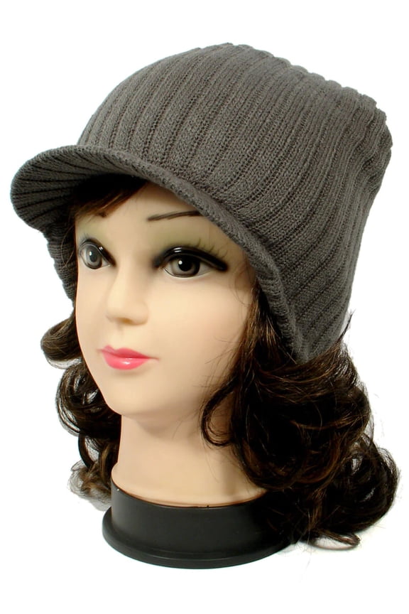 Gray Warm Winter Knit Crochet Braided Baggy Visor Beanie Hat