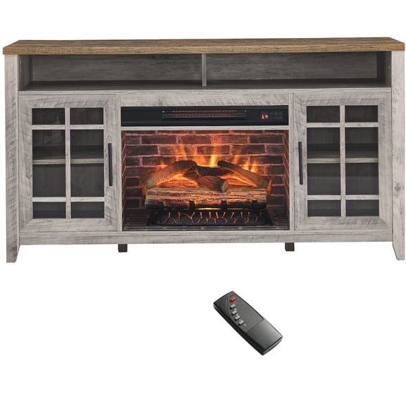 Gray Wash 55 inch Electric Fireplace TV Stand with Heater, Media Console with Storage Cabinets and Tempered Glass