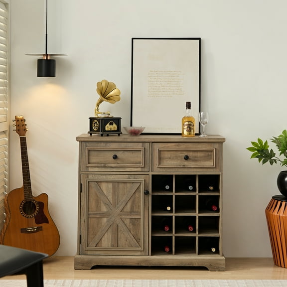 Gray Wash Coffee Bar Cabinet With 2 Drawers, Removable Wine , Rustic For Kitchen Buffet And Dining,