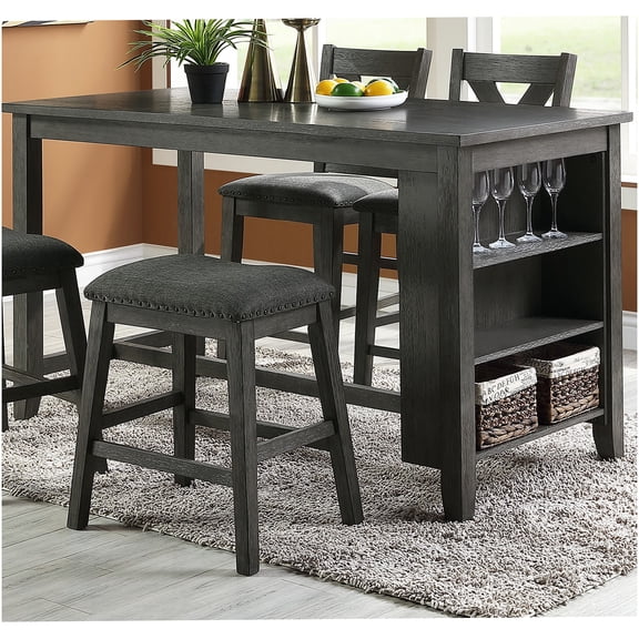 Gray Wash Modern 1-Piece Counter Height Dining Table with Storage Shelves, Solid Wood Kitchen Breakfast Table