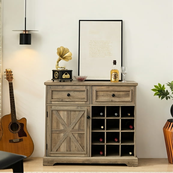 Gray Wash Wine Cabinet With 2 Drawers, Removable , Storage Shelves For Kitchen, Dining Room Rustic Big Storage,