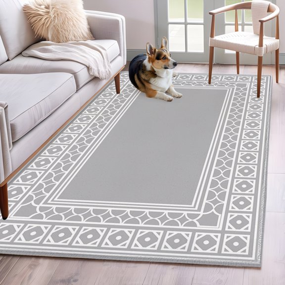 Gray Washable Area Rug 3x5 Boho Diamond Pattern Border Rustic Southwestern Low-Profile Large Area Rugs with Non Slip Backing Indoor Floor Carpet for Entrance Living Room Bedroom Home Office