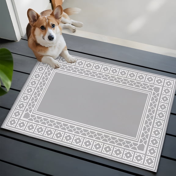 Gray Washable Entry Rug 2x3 Boho Diamond Pattern Border Rustic Southwestern Low-Profile Area Rugs with Non Slip Backing Indoor Floor Carpet for Entrance Living Room Bedroom Home Office