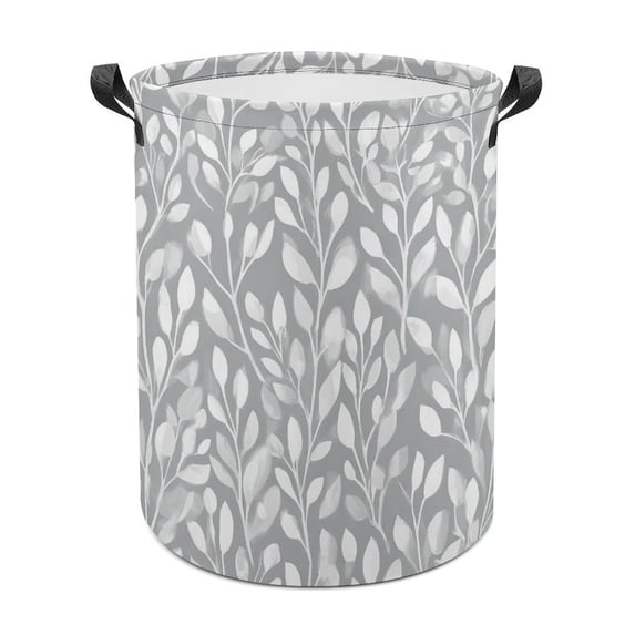 Gray Watercolor Leaf Pattern Large Dirty Clothes Hamper Foldable Laundry Basket with Handles for Bedroom Bathroom