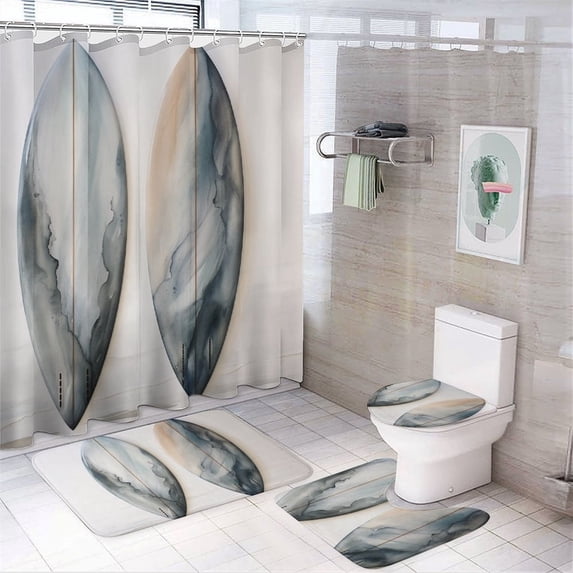 Gray Watercolor Surfboards 4Pcs Shower Curtain Set with Rugs with Rugs Toilet Lid Cover And Bath Mat Hawaiian Tropical Island Waterproof Shower Curtain for Bathroom Decor Set