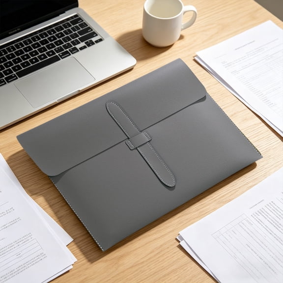 Gray Waterproof Thickened Leather Folder, Durable Leather Portfolio for Class Work, office Handouts, Meeting Materials and Document Storage