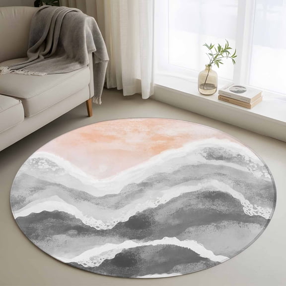 Gray Waves Coastal 3ft Round Rug, Grey Ombre Summer Beach Oceans Non-Skid Rubber Backing Large Area Rugs - Living Room Bedroom Home Office, Indoor Floor Mat Carpets Washable Rug