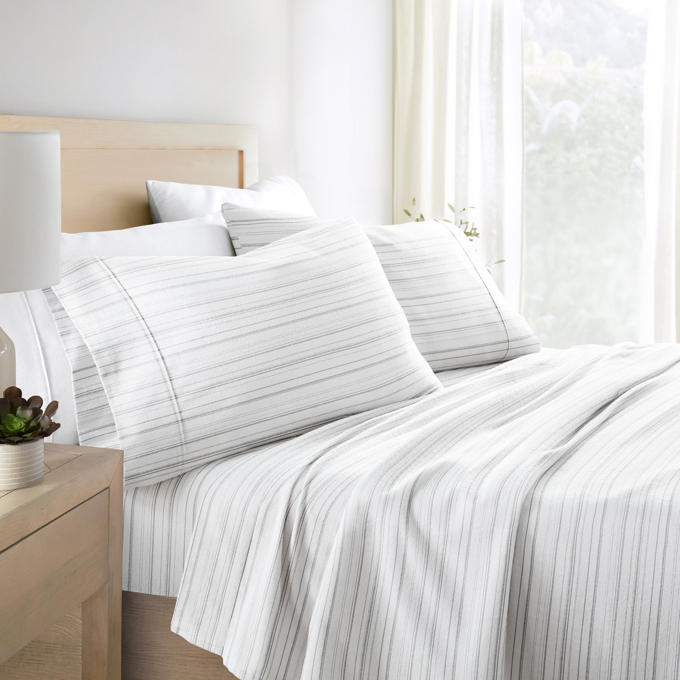 Gray and White Striped Cotton Flannel Queen Sheet Set