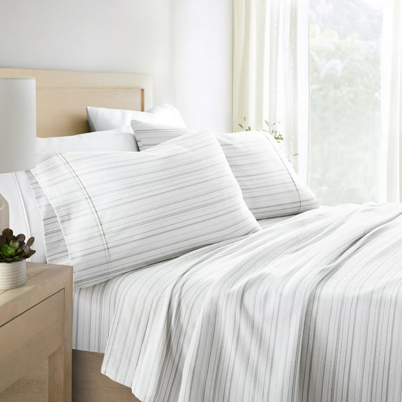 Gray Weathered Stripe 4 Piece 100% Cotton Flannel Deep Pocket Sheet Set, Queen, by Noble Linens