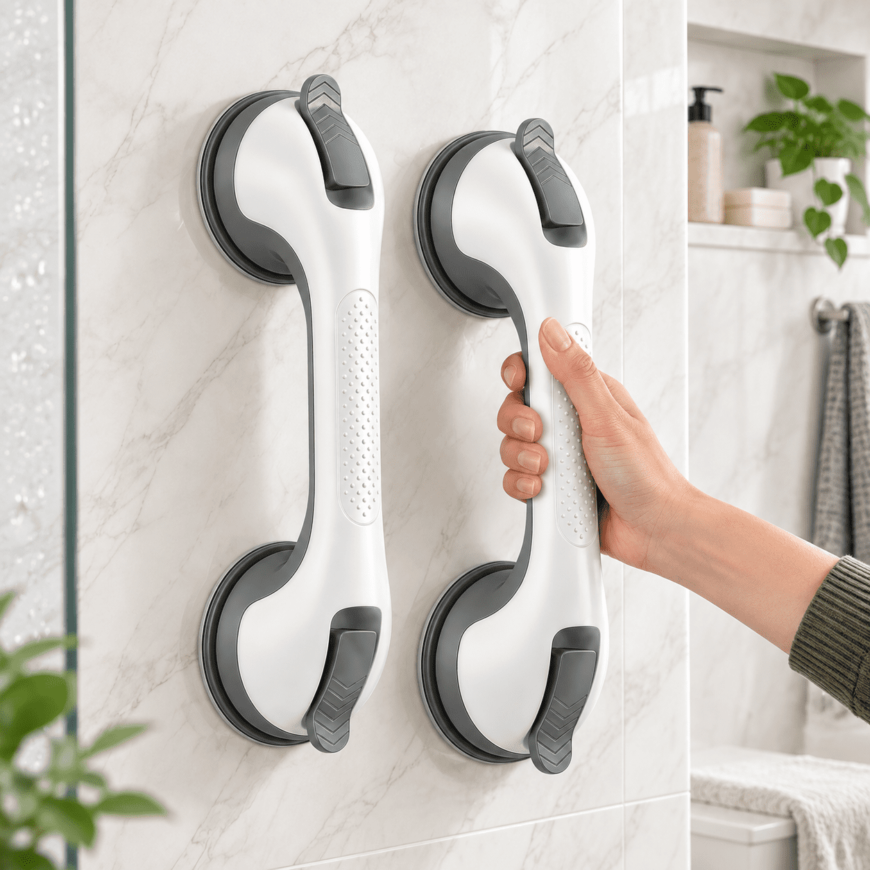 Shower Riser Grab Rails Gray & White 11.8 inch 2-pack Suction Shower Grab Bars for Bathroom ...