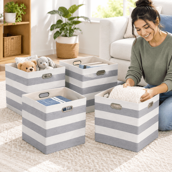 Gray/White 13"x13"x13" Linen Stripe Storage Cubes, Pack of 4 for Home Organizing