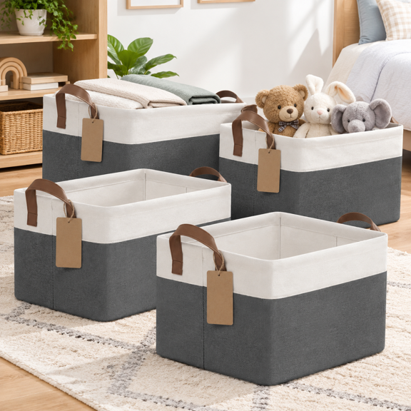Gray & White 20L (14.8"L x 10.3"W x 8.3"H) Fabric Storage Baskets 4 Pack for Shelves