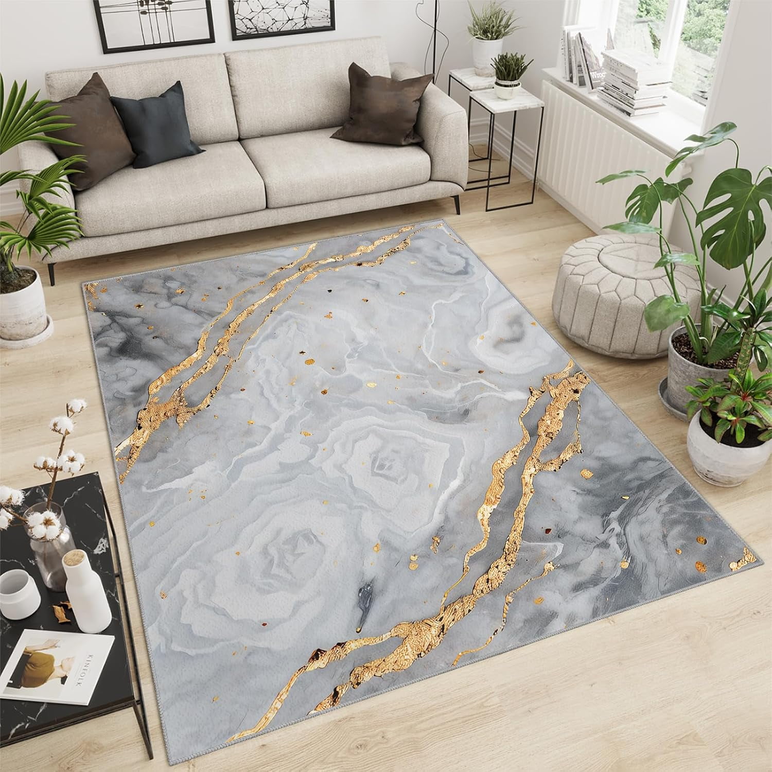 Gray White Abstract Marble Texture Area Rugs, Ink Graffiti Curved Crack ...