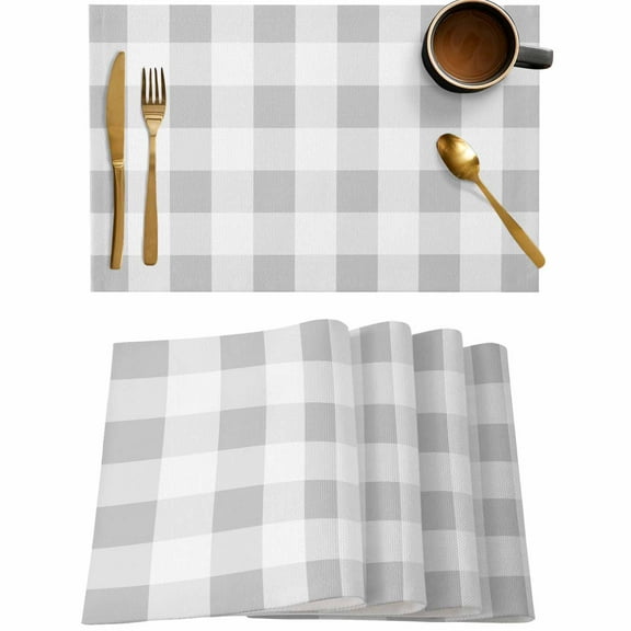 Gray White Buffalo Plaid Placemats Set of 4,Wipeable Washable Table Mats for Dining Tables,Classic Gingham Check Place Mats for Kitchen Event Party Tabletop Decor