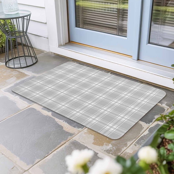 Gray White Check Door Mat Indoor Outdoor, Vintage Farmhouse Buffalo Plaid Non Slip Welcome Mat with Rubber Backing, Absorbent Fabric Front Door Mats Entryway Rug for Home Patio Entrance 16"x24"