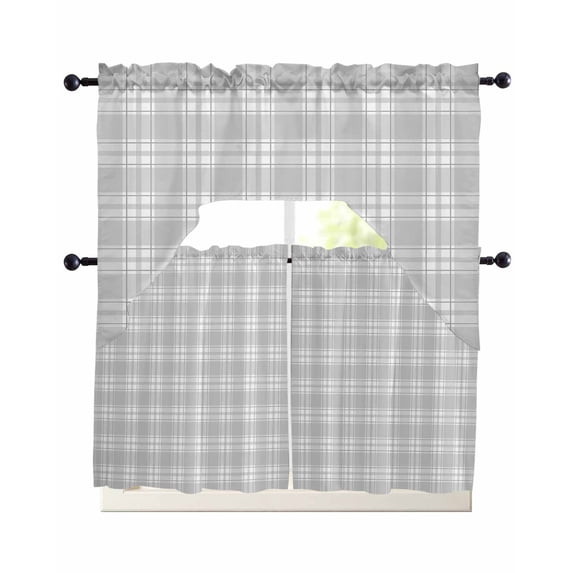 Gray White Check Swag Kitchen Curtains Sets for Windows 24 Inch Length, Vintage Farmhouse Buffalo Plaid Short Window Curtain Panels Swags Valances and Tiers 3 Piece Set for Cafe/Dining Room