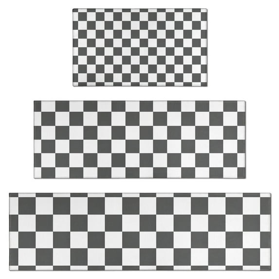 Gray and White Checkerboard Checkered Pattern Kitchen Rugs Sets Of 3,Kitchen Runner Rugs Non Skid Washable,Decorative Kitchen Floor Mats for Kitchen,Sink,Laundry,17"x30"+ 17"x47" + 17"x59"