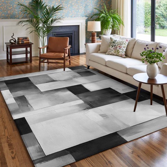 Gray White Color Patches Area Rug for Bedroom Living Room Rug 5x7ft, Soft Sponge Cushioned Non-Slip Washable Rugs, Abstract Impressionist Art Rectangle Rugs for Dining Room Office Nursery Home