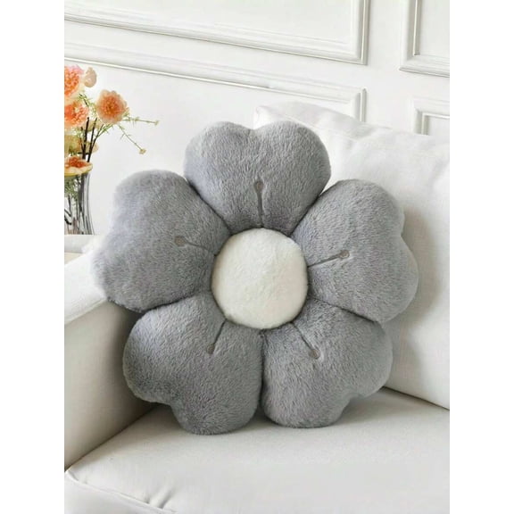 Gray White Core Daisy Flower Decorative Pillow, Soft Faux Fur Cushion For Sofa Living Room Bedroom
