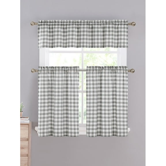 Gray & White Cotton Blend Gingham Tartan Country Plaid Kitchen Curtain Set