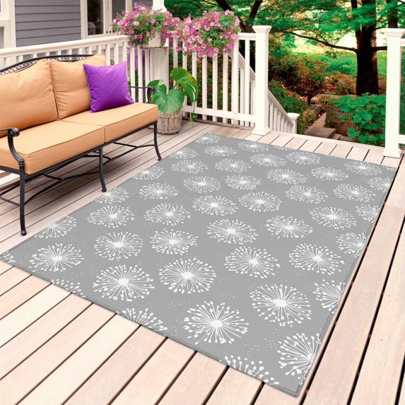 Gray White Dandelion Outdoor Rug for Patio/Deck/Porch, Non-Slip Large Area Rug 4 x 6 Ft, Farmhouse Botanical Blossom Indoor Outdoor Rugs Washable Area Rugs, Reversible Camping Rug Carpet Runner