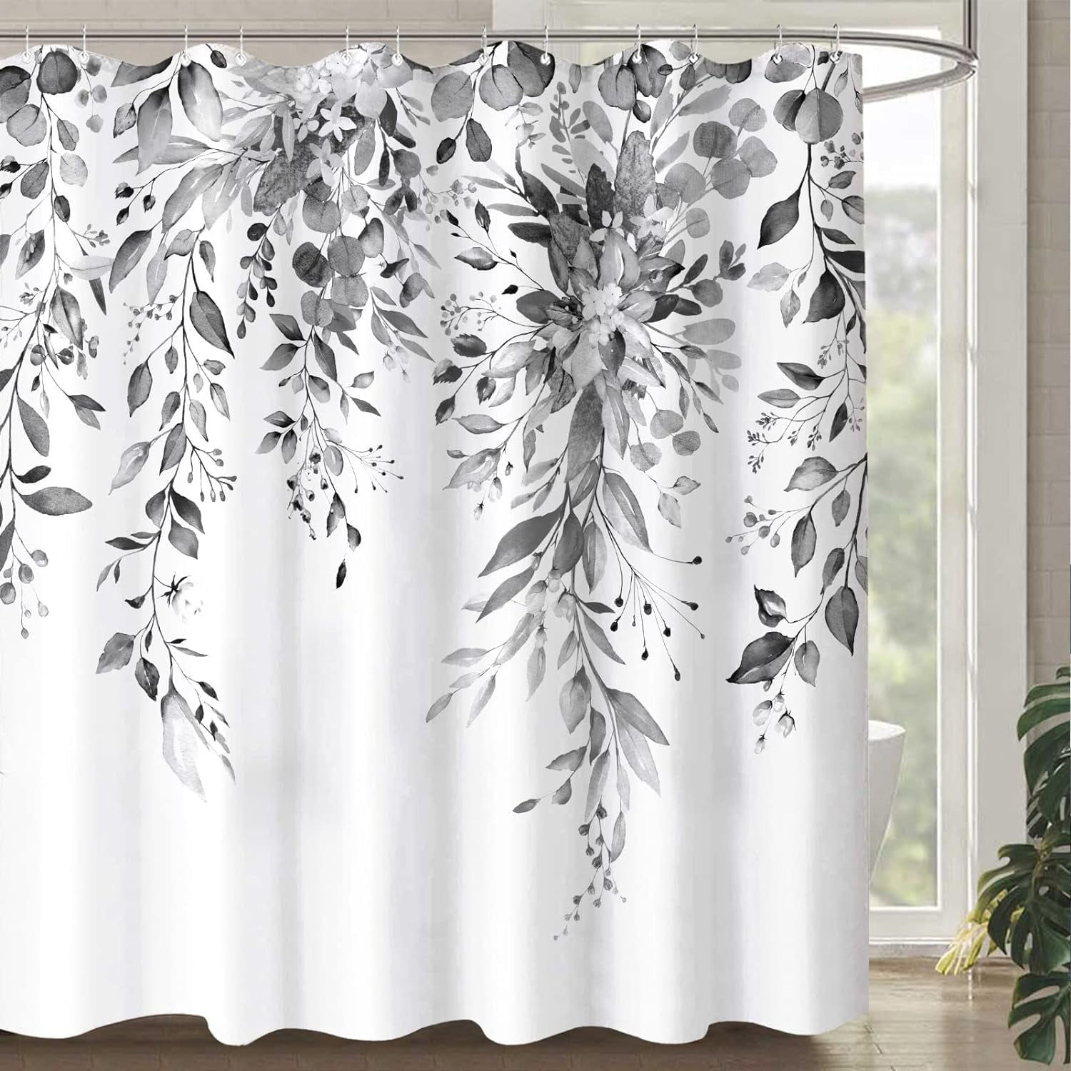 Gray and White Eucalyptus Shower Curtain Watercolor Grey Floral Plant Leaf Shower Curtains for Bathroom Botanical Flower Waterproof Fabric Bath Curtain Decor with Hooks (Black, 72'''' x 72'''')