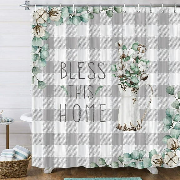 Gray and White Farmhouse Shower Curtain, Modern Grey Buffalo Plaid Rustic Jar Green Plant Cotton Floral Bathroom Accessory Sets, Country Chic Fabric Bath Decor, Hooks Included, 72X72