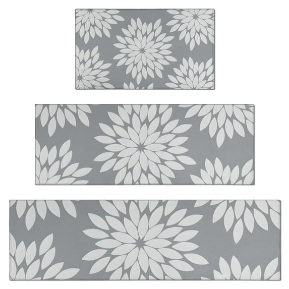 Gray and White Floral Pattern Kitchen Rugs Sets Of 3,Kitchen Runner Rugs Non Skid Washable,Decorative Kitchen Floor Mats for Kitchen,Sink,Laundry,17"x30"+ 17"x47" + 17"x59"