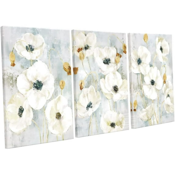 Gray and White Floral Wall Art Textured Flowers Painting Canvas Neutral Prints Aesthetic Botanical Wall Decor Nature Pictures Living Room Bedroom Bathroom Office (Only canvas)