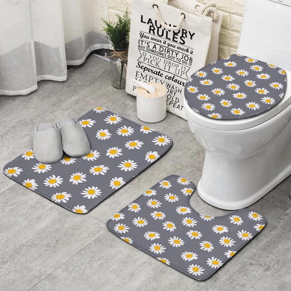 Gray White Flower Pattern Bathroom Rugs Sets 3 Piece,Toilet Cover Set,Absorbent Non Slip Bathroom Mats Sets with U-Shaped Contour Rug Toilet Rug Set
