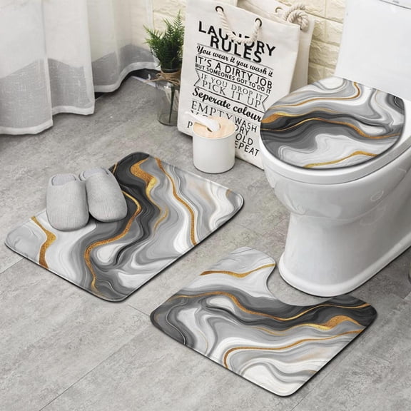 Gray White Gold Marble Pattern Bathroom Rugs Sets 3 Piece,Toilet Cover Set,Absorbent Non Slip Bathroom Mats Sets with U-Shaped Contour Rug Toilet Rug Set