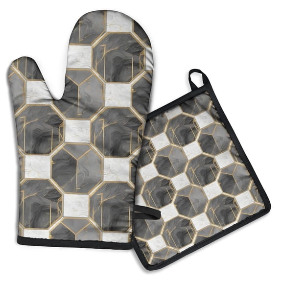 Gray White Gold Marble Pattern Kitchen Oven Mitt and Pot Holder Sets 4 Pcs for Baking, Cooking and Grilling, Heat Resistant Up To 392 °F