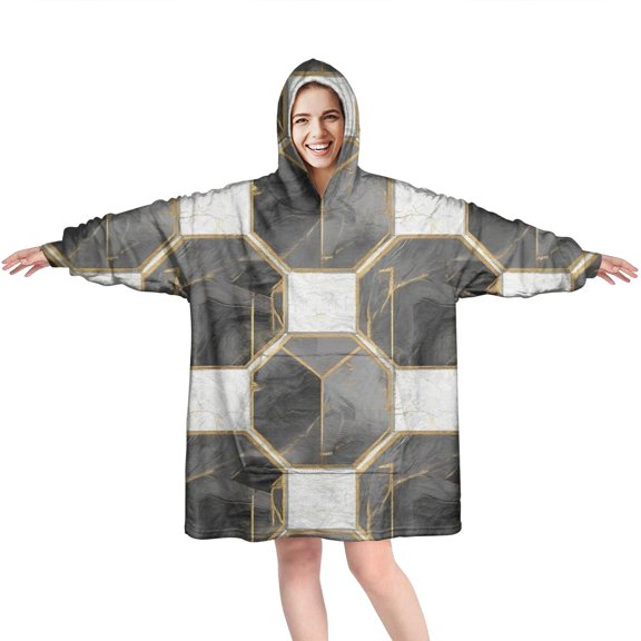 Gray White Gold Marble Pattern Wearable Oversized Blanket,Wearable Blanket Hoodie for Adults,Cozy Hooded Blankets with Super Pockets,Super Warm Fuzzy Pullover for Women & Men