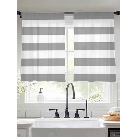 Gray White Horizontal Striped Chiffon Sheer Curtains 45 Inches Long, Farm Classic Pattern 2 Rod Pocket Window Treatment Voile Drapes Curtains for Living Room Bedroom,2 Panels, 52x45In