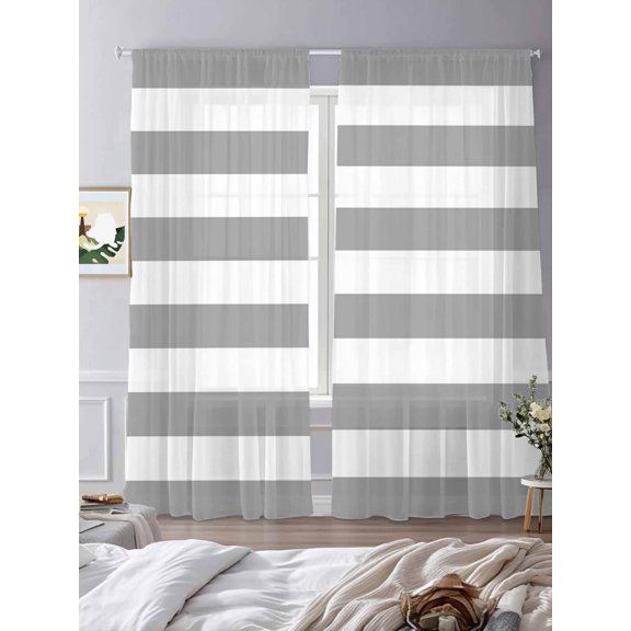 Gray White Horizontal Striped Sheer Curtains 2 Panels Set Farm Classic Pattern Lihgt Filtering Rod Pocket Voile Drape,Semi Sheer Window Curtains for Bedroom Living Room,52"x84"