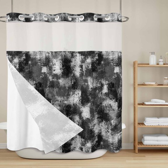 Gray White Ink Splatters No Hook Shower Curtain with Snap in Liner, Abstract Minimalist Vintage Rough Texture Waterproof Shower Curtains with See Through Top Window Liner for Bathroom, 72x72 Inches