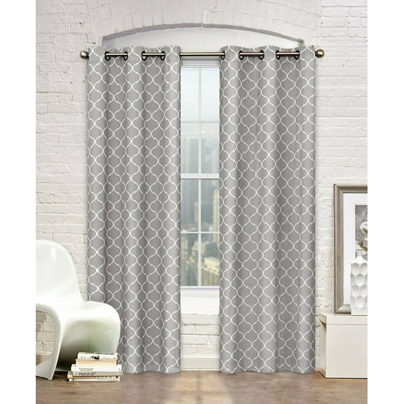 Gray & White Lattice Clover Ultra Luxurious Window Curtains - Gray, 84 in. Long Pair