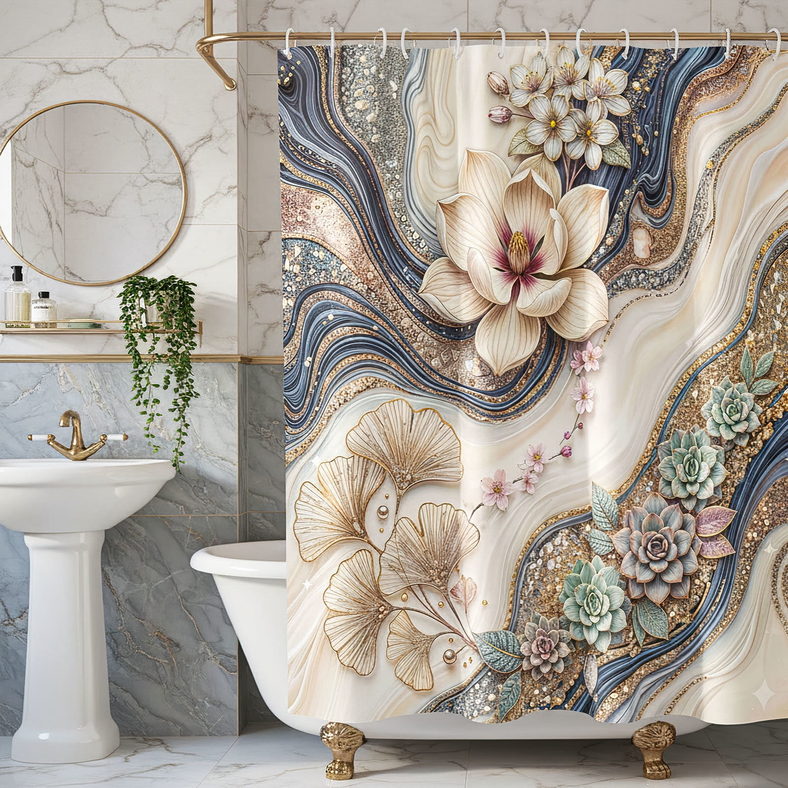 Gray White Luxury Gold Marble Floral Shower Curtain, Elegant Magnolia Ginkgo Succulent Bathroom Decor, Modern Abstract Geode Bath Curtain, Waterproof Polyester Fabric with Hooks,70X75in